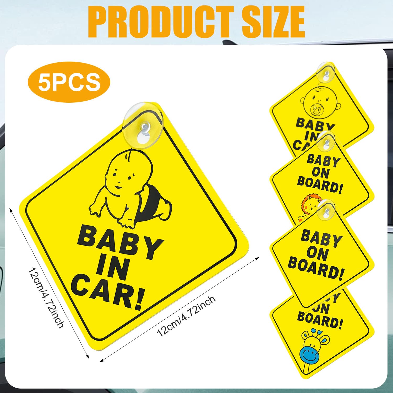 5 sztuk naklejek Baby on Board, 12 x 12 cm, z podwójnymi przyssawkami, naklejki wielokrotnego użytku na szyby samochodowe