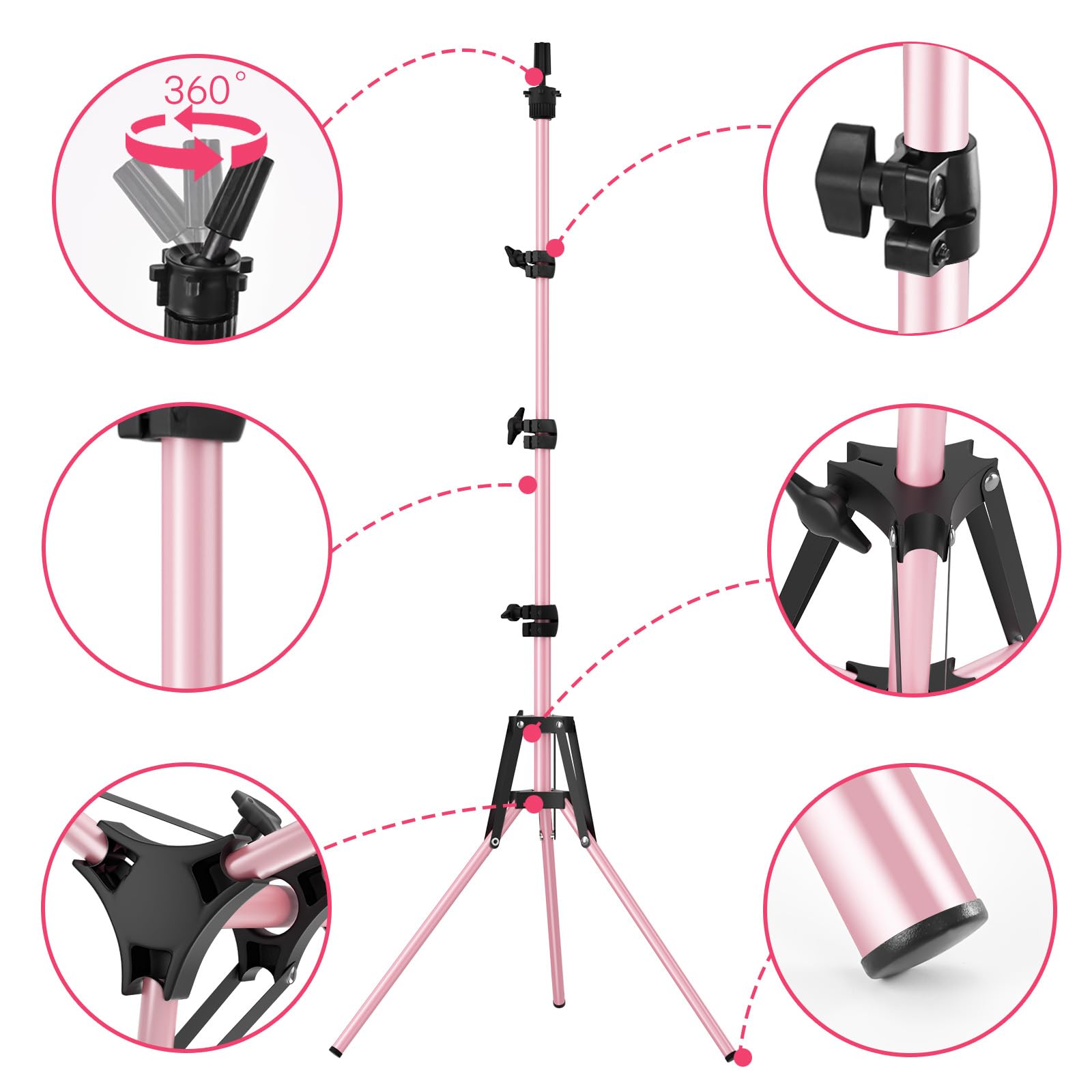 CASDUCT Wig Stand 63inch Adjustable Mannequin Head, Reinforced Metal Mannequin Head Stand for Cosmetology Hairdressing Training Pink - Image 4