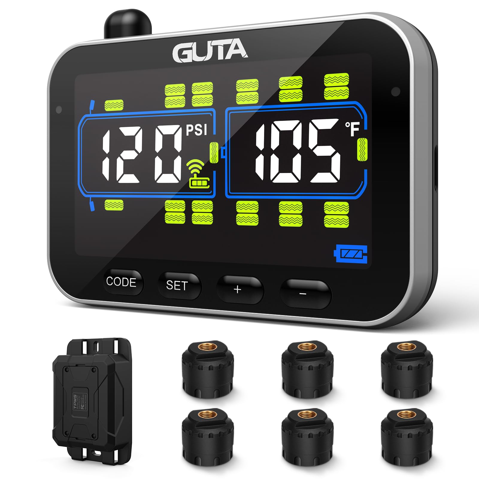GUTA Trailer Tire Pressure Monitoring System, RV Tire Pressure Monitor with 6 Sensors, 6 Alert Modes, Signal Booster, Large Color Display, Long Sensing Distance, 0-188PSI TPMS for RV Trailer Semi