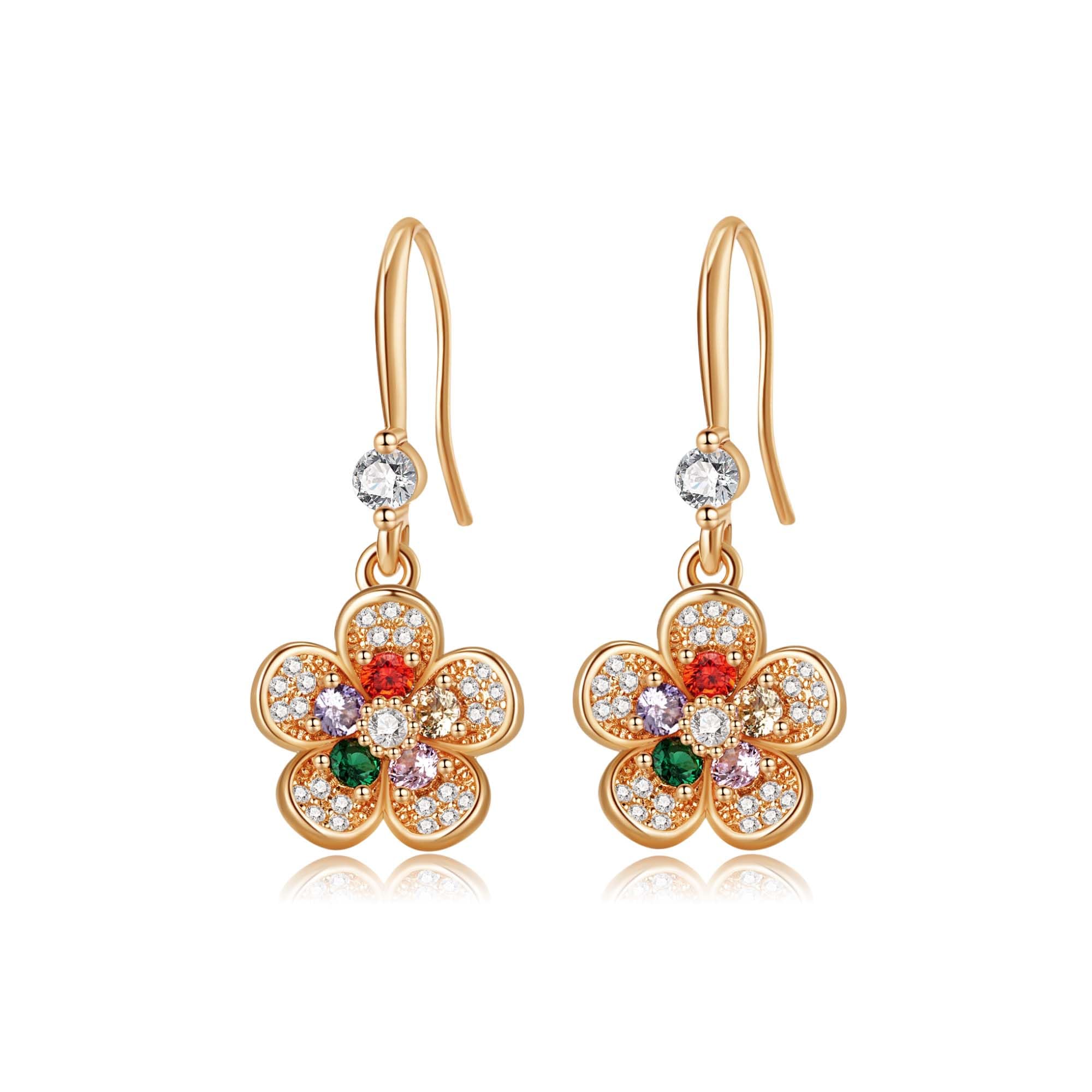 Austrian Crystal Flower Dangle Drop Earrings for Women 14K Gold Plated Hypoallergenic Jewelry