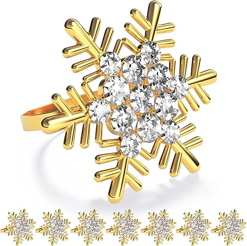 ZeeDix Juego de 8 servilleteros de copos de nieve dorados de Navidad, anillos de servilletas para mesa de comedor, decoración de mesas rústicas para