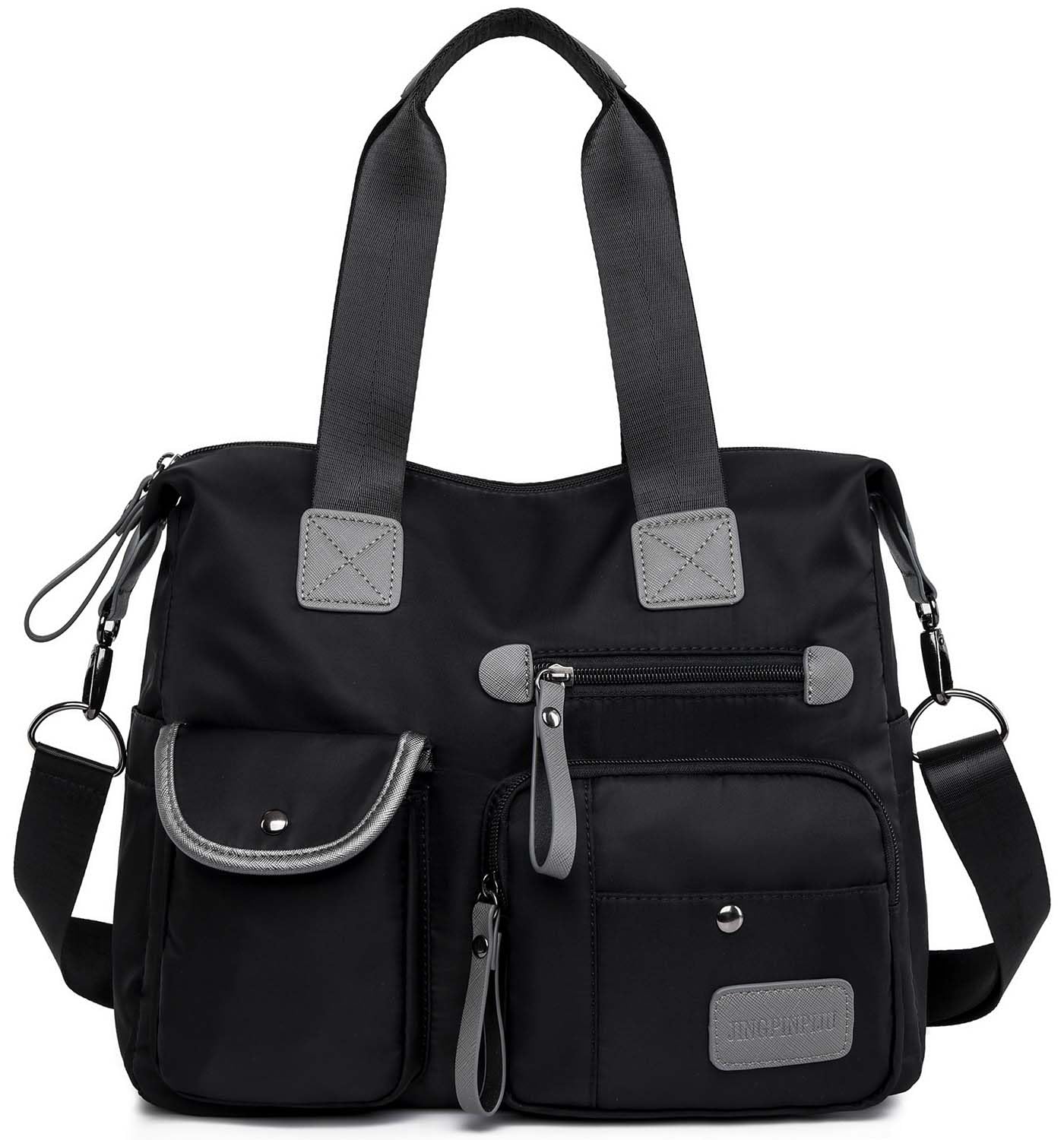 Women's Lightweight Floral Top Handle Handbag Multi-pockets Nylon Work Totes Water Resistant Travel Crossbody Shoulder Bag, Pure Black, M