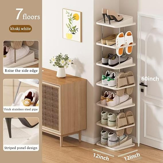 Vertical Shoe Rack,7 Tiers Stackable Shoe Rack for 14 Pairs,Narrow Shoe Tower,Space Saving,for Entryway,Living Room,Bedroom,Closet,DIY Free Standing Shoe Organizer(Khaki,7 Tiers)