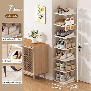 Vertical Shoe Rack,7 Tiers Stackable Shoe Rack for 14 Pairs,Narrow Shoe Tower,Space Saving,for Entryway,Living Room,Bedroom,Closet,DIY Free Standing Shoe Organizer(Khaki,7 Tiers)