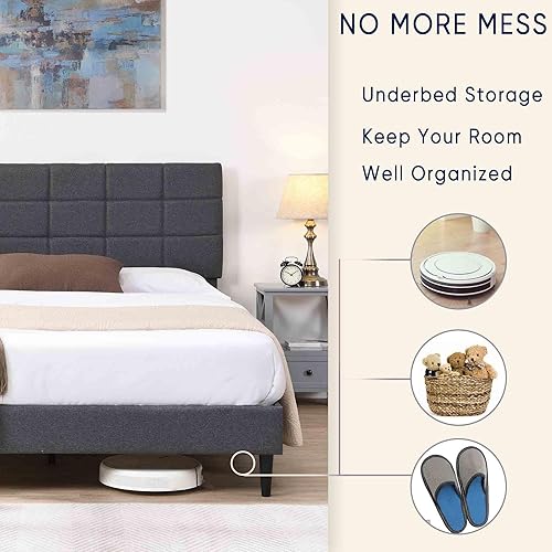 Miniatura 6 de Base de cama Queen con cabecera de tela, marco de cama tapizado, marco de cama resistente con soporte de listones de madera, base de colchón, no