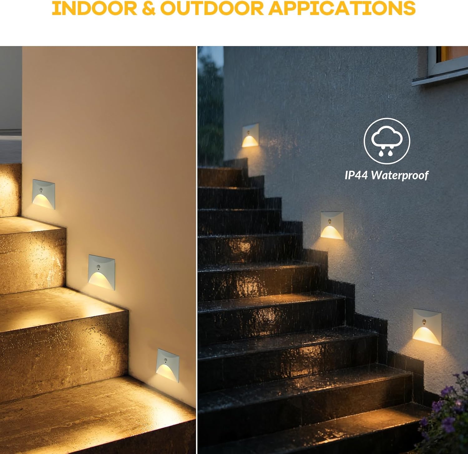 FVTLED 4 Pack Motion Sensor LED Step Lights, 3W AC 85-265V Stair Lights Indoor Outdoor, 3000K Warm White, Arc Design, IP44 Waterproof Staircase Lighting-White Shell