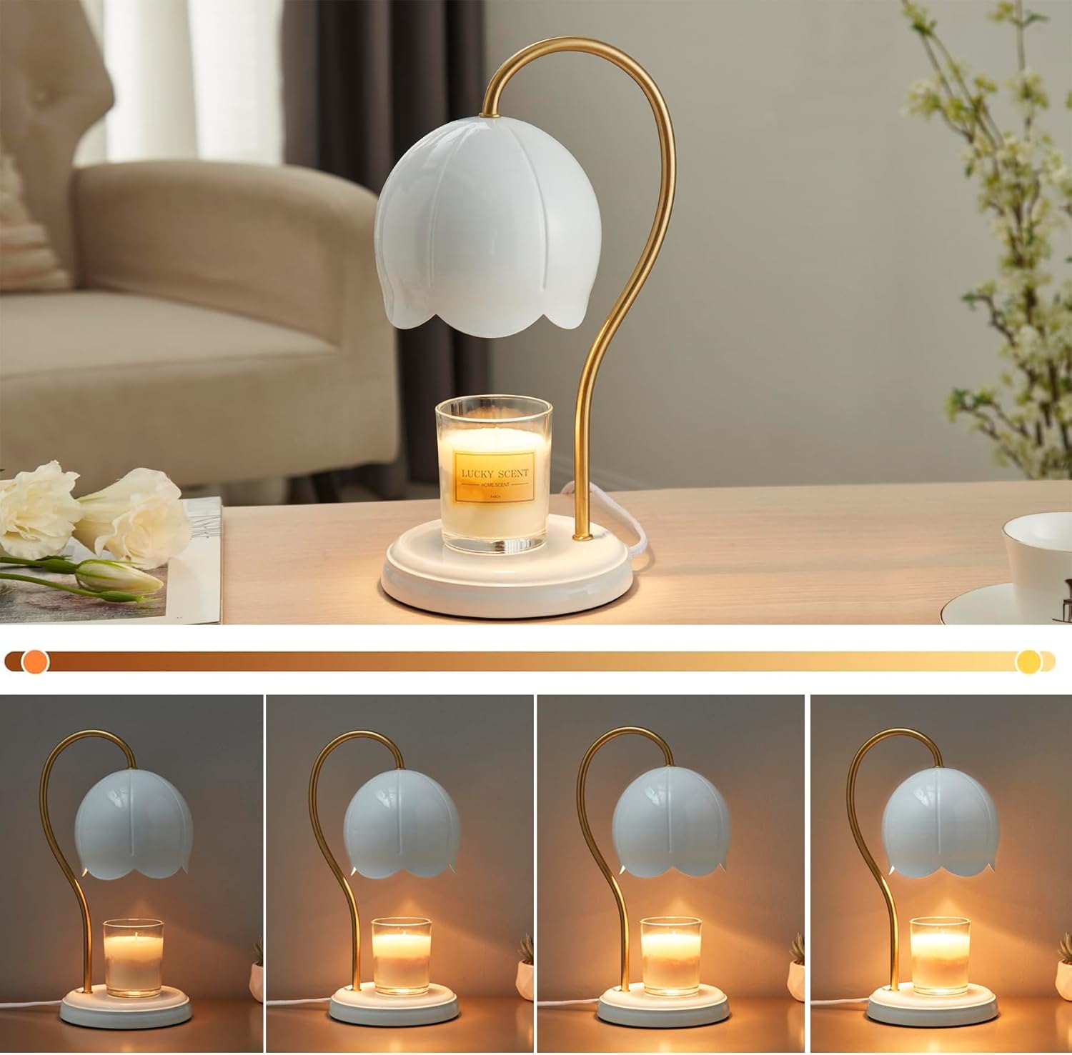 White Gold Flower Candle Warmer Lamp with Timer Dimmable, Office Decor Elegant Bedroom Scented Wax Light, Valentine's Birthday Gifts for Women Man, Large Table Candles Burner