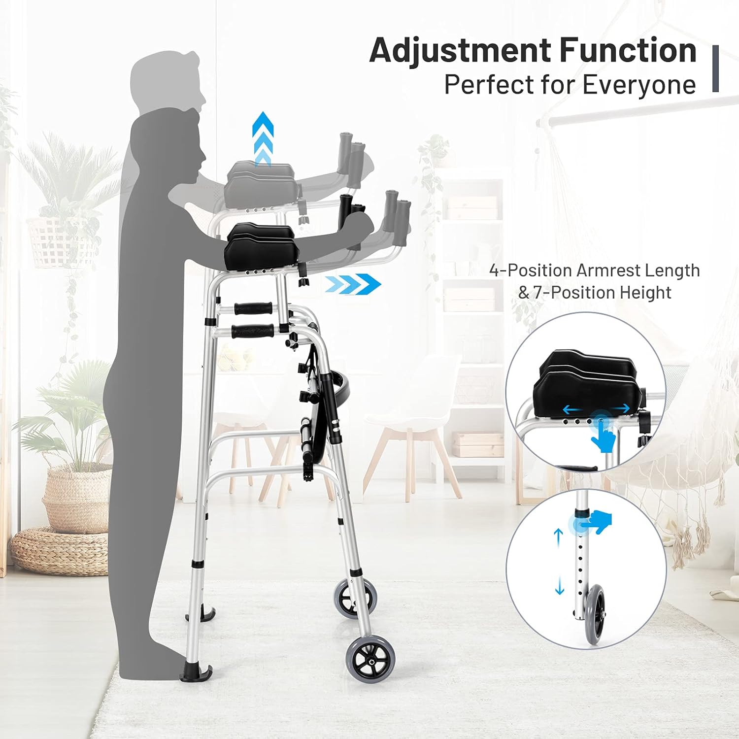 GYMAX Folding Walker, Adjustable Standard Walker with Removable Armrest, Seat, Wheeled Rolling Rehabilitation Auxiliary Walking Aid for Senior, Disabled, Limited Mobility : Health & Household