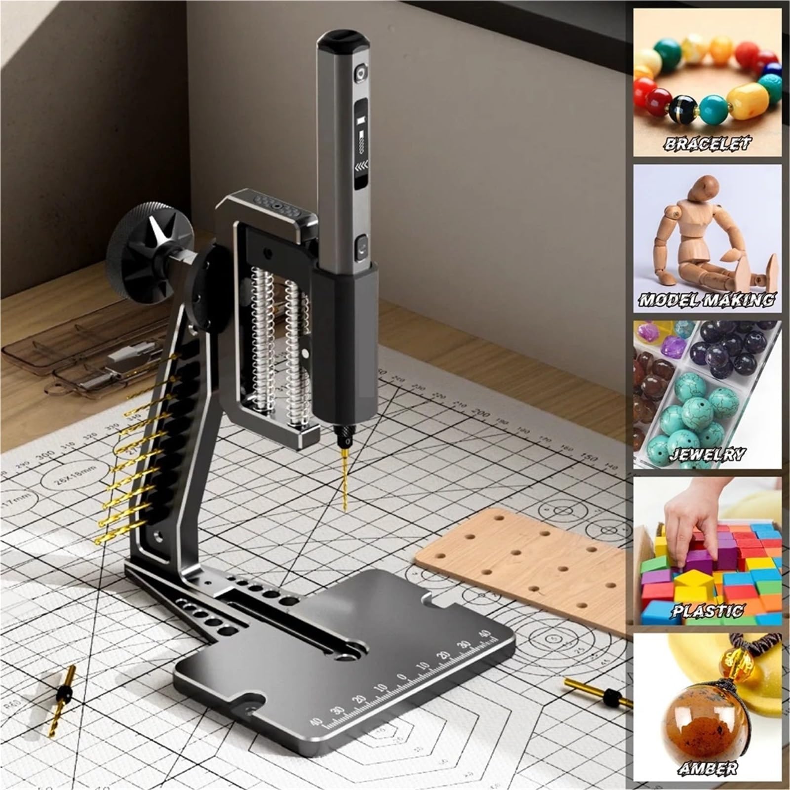 Taladro de banco, minitaladro de columna, Mini taladro eléctrico con prensa de banco, kit de taladro manual inalámbrico for manualidades, madera, plástico, hogar, bricolaje Para bricolaje con joyería