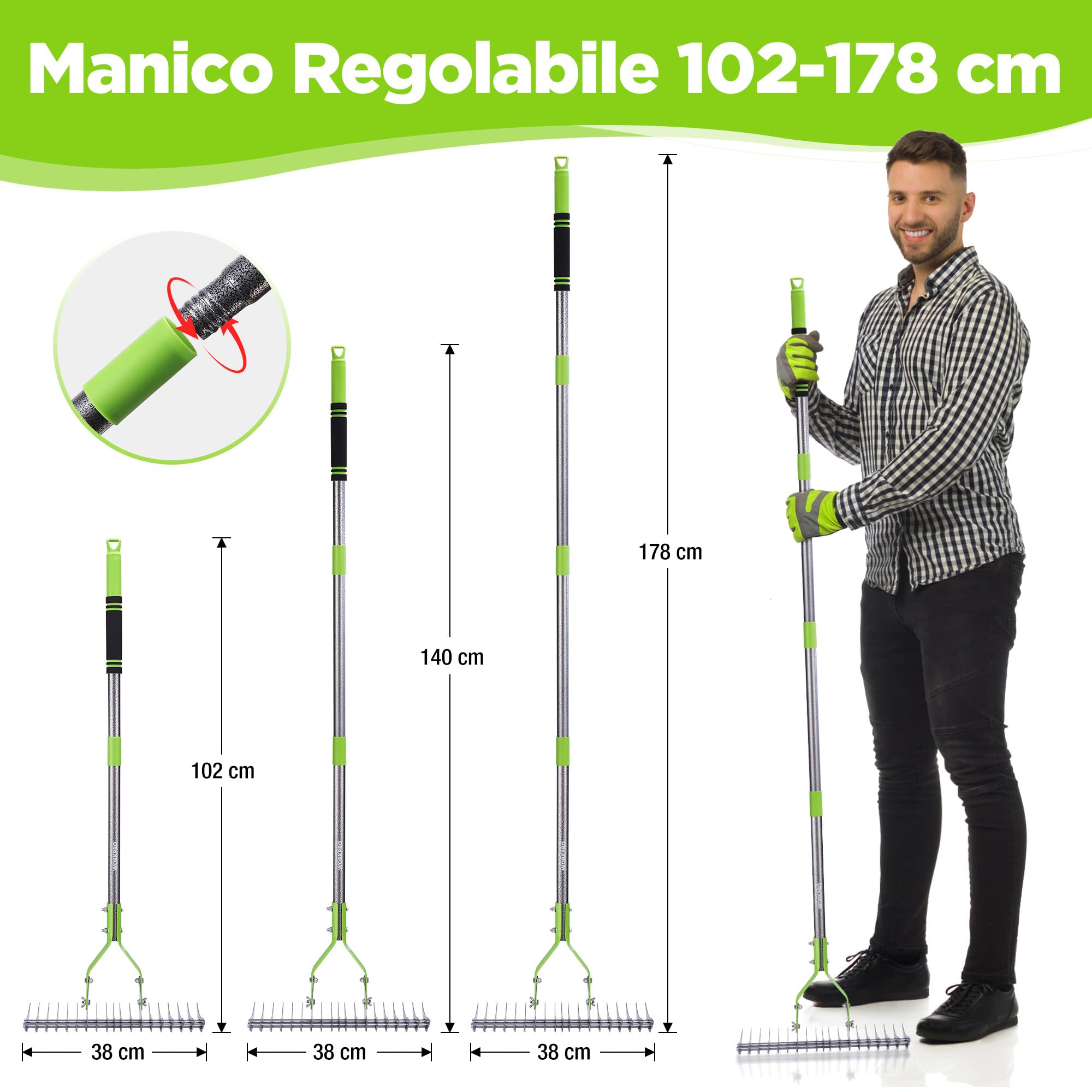 WORKPRO Rastrello per Foglie con Manico, Larghezza di Lavoro 38 cm, Impugnatura Regolabile 102–178 cm, Soffiatore per Foglie Ergonomico con Testina Rastrello Bifacciale per Foglie, Cortile e Prato