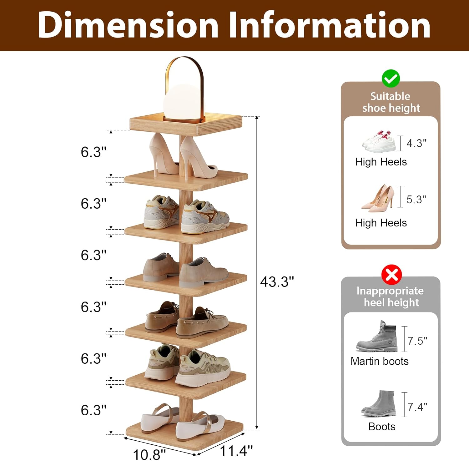 Narrow Shoe Rack for Entryway - Wood Narrow Shoe Rack with Compact Design for Small Space, 6-Tier Shoe Organizer for Entryway Hallway Bedroom Closet Natural