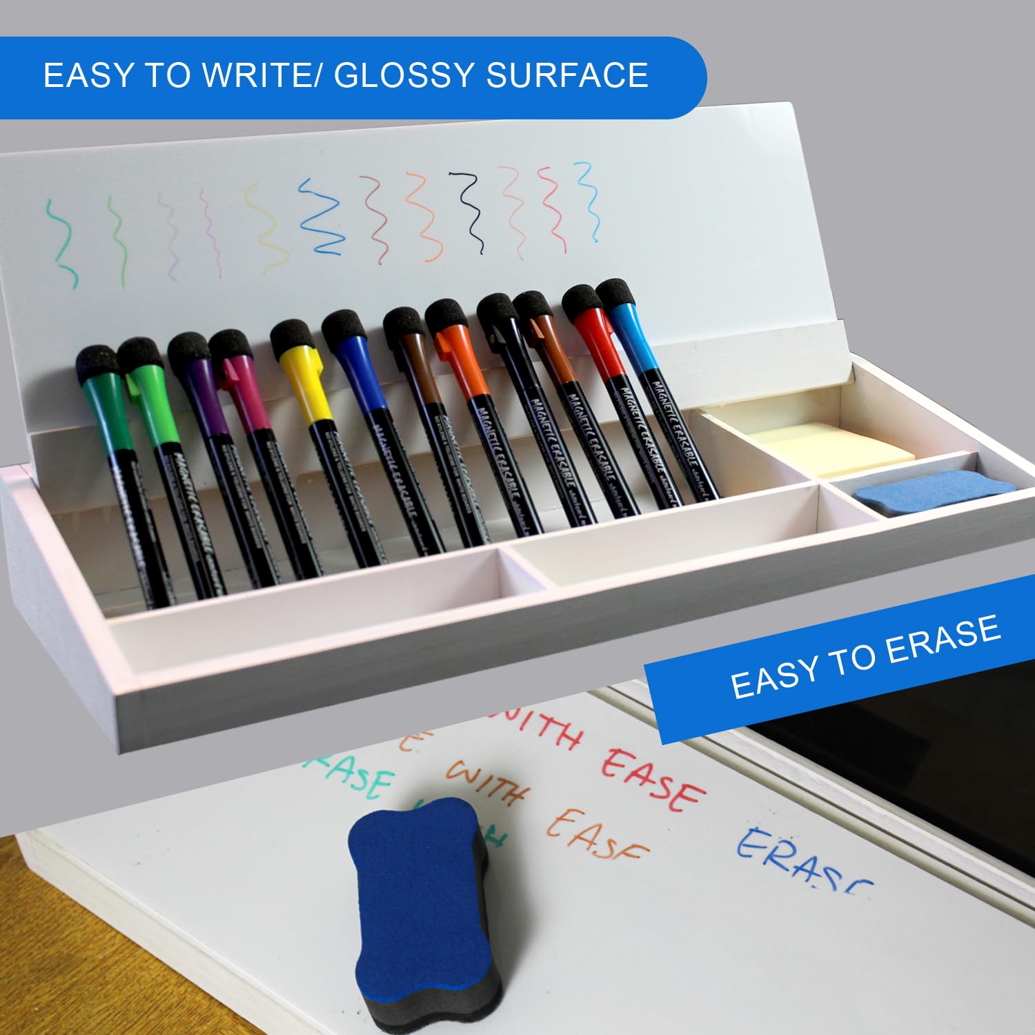 TRENDVIBE Desk Whiteboard, All-in-One Desktop Whiteboard Set with 1 Sticky Notes,Eraser,12 Colour Markers,Phone & Tablet Holder -Stay Organized,Write and Sketch at Home, School or Office