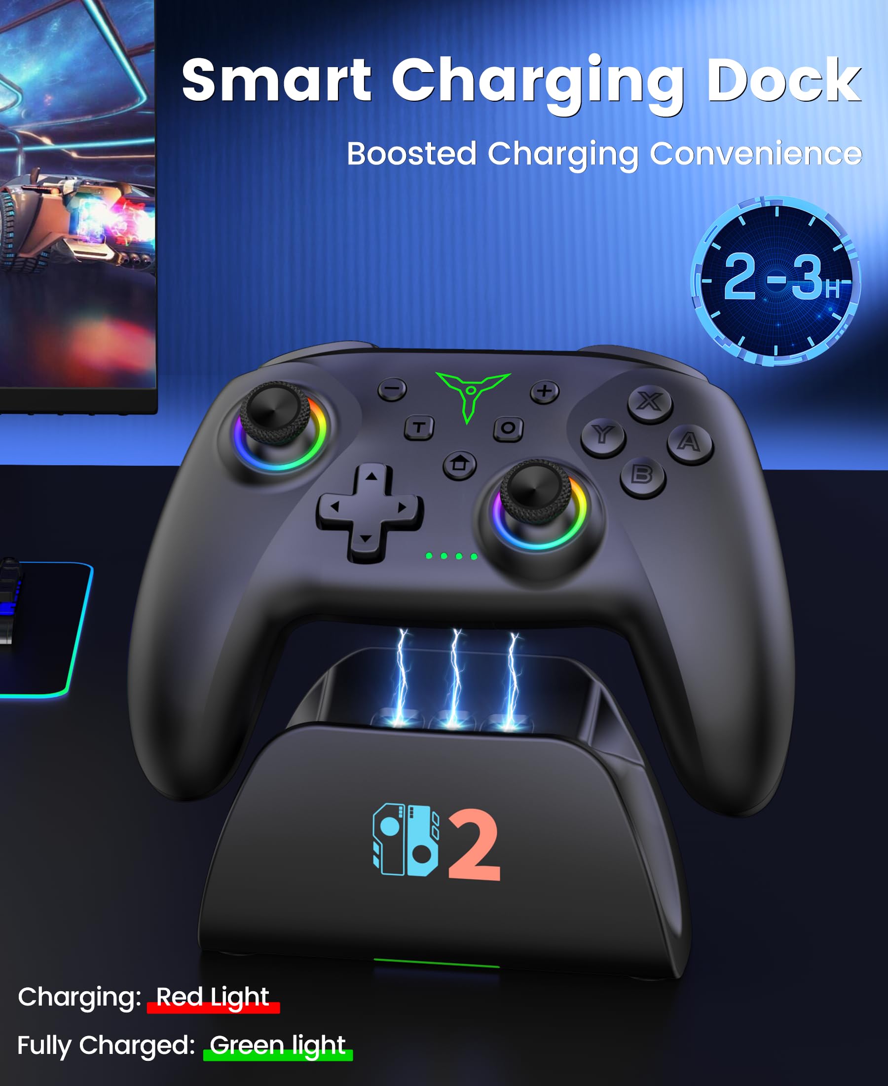 Switch 2 Controller per Nintendo Switch 2/Switch/OLED/Lite, Controller Switch Wireless con dock di ricarica, RGB Switch Pro Controller con effetto Hall, Macro, Turbo e vibrazione, nero