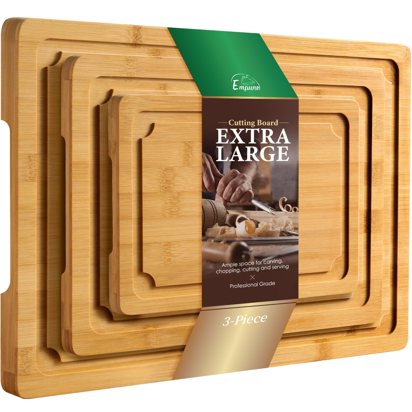 Extra Large Cutting Board Set of 3, Bamboo Cutting Boards for Kitchen with Juice Groove and Handles Kitchen Chopping Board for Meat Cheese board Heavy Duty Serving Tray, Empune