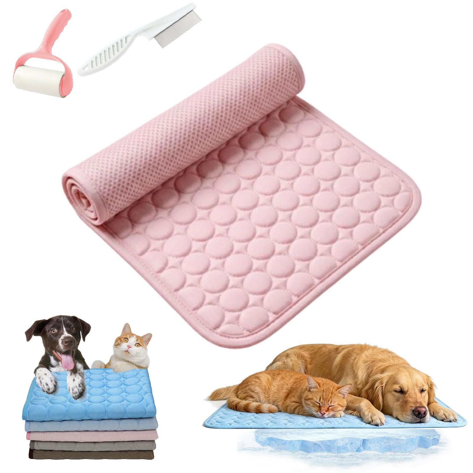 Dog Mat, Self-Cooling Pet Mat, Foldable Portable Ice Silk Self-Cooling Pet Cool Sleeping Pad, Washable Coolings Pad for Dogs Cats ，pink：L