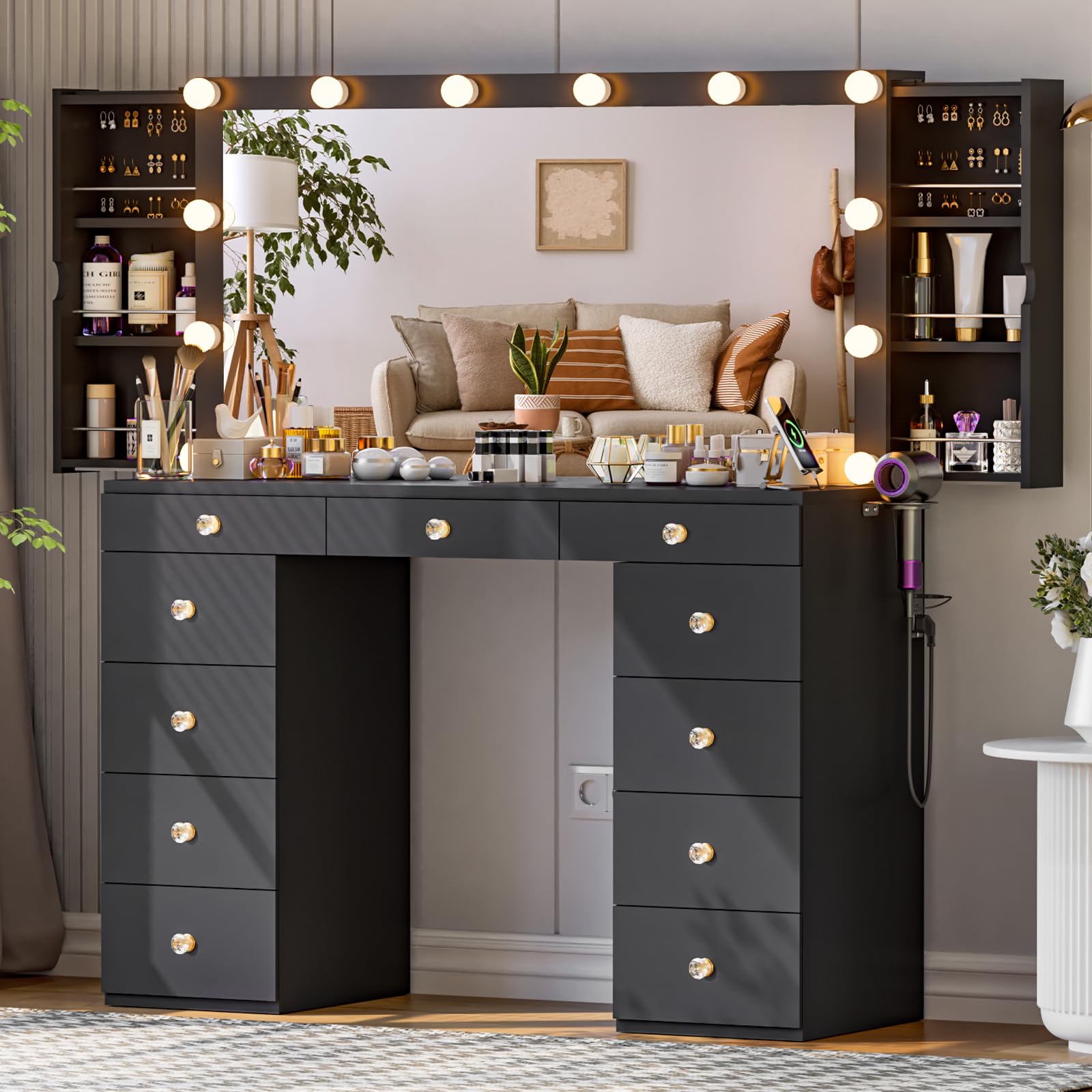 elifine Makeup Vanity Desk with Mirror and Lights, Black Vanity with Jewelry Storage & 11 Drawers & Power Strip, Bedroom Vanity Table Hidden 2 Jewelry Cabinets for Women Girls