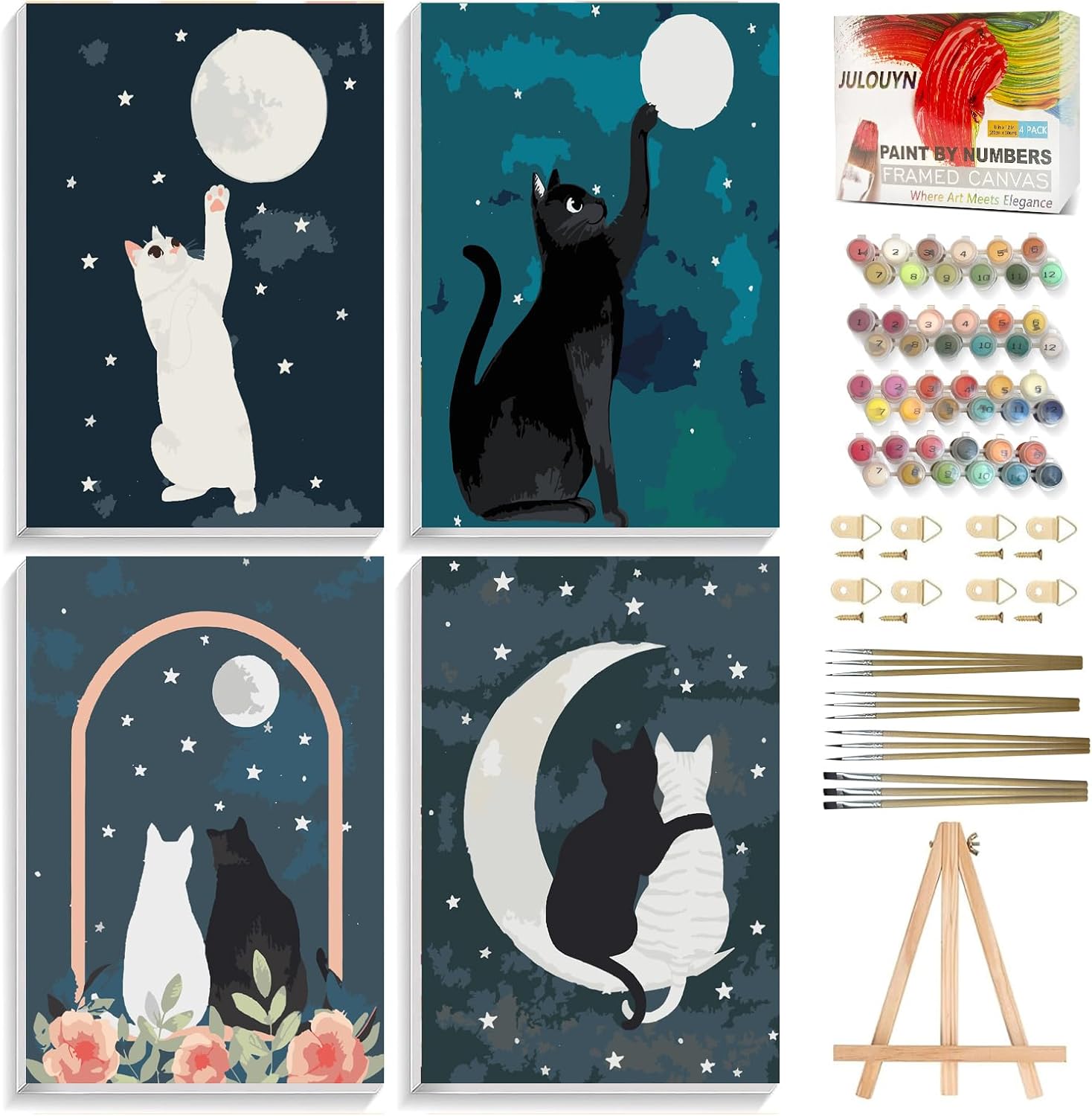 JULOUYN 4 Pack Paint by Numbers Kit for Adults with Framed & Easel, Easy Couples Cat Canvas Painting Kit for Beginner Gift Home Wall Decor 8x12 in