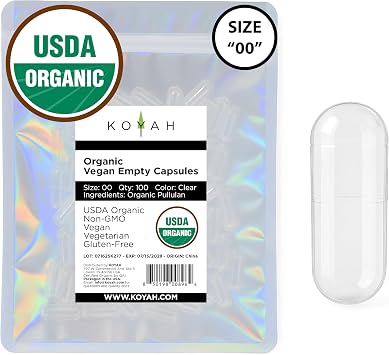 KOYAH - Certified Organic Empty Pullulan Capsules Size 00, Vegan, Gluten-Free, Non-GMO, Allergen Free Ideal for DIY Supplements 100 Count