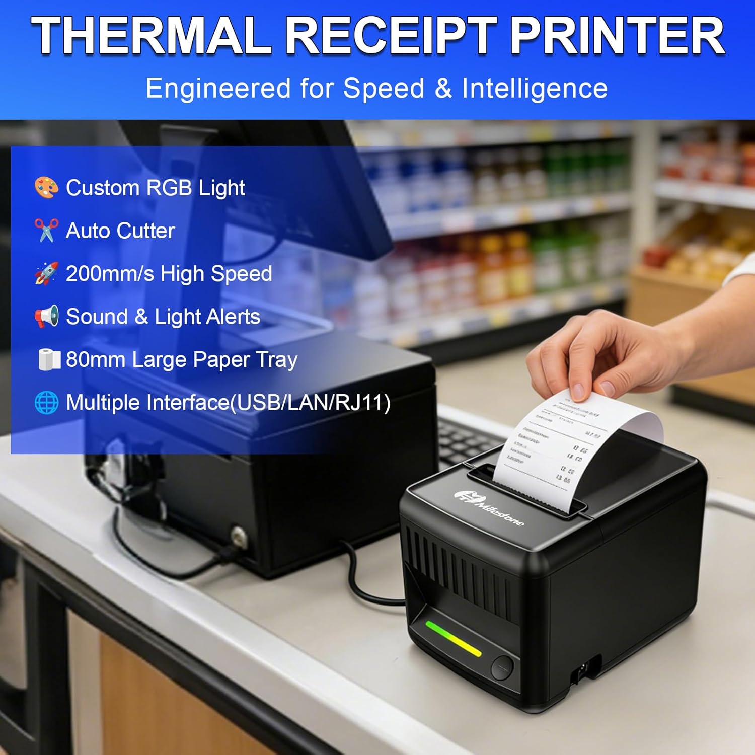 Milestone P80E POS Receipt Printer, 80mm USB Thermal Receipt Printer with Auto Cutter & Audio-Visual Alerts, Restaurant Kitchen Retail Printers with USB Ethernet Cash Drawer Support Windows Mac