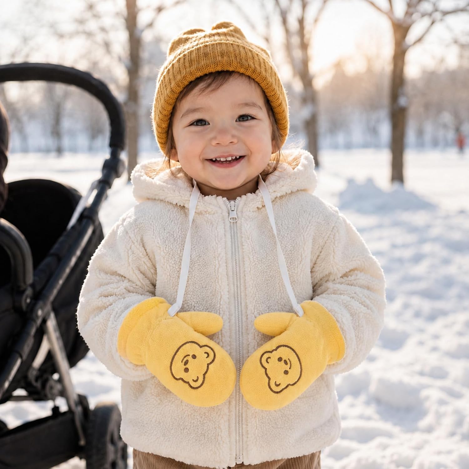 Toddler Winter Snow Warm Mittens, Kids Gloves， Detachable Anti-Lost Leash