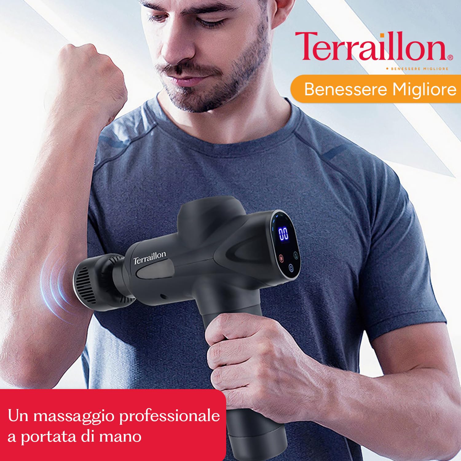 TERRAILLON - GUN MASSAGER EXPERT - Pistola massaggiante multizone, 20 velocità 2800-3200 RPM, schermo digitale, timer integrato, 5 punte in silicone di cui 1 caldo-freddo, USB-C, custodia inclusa,