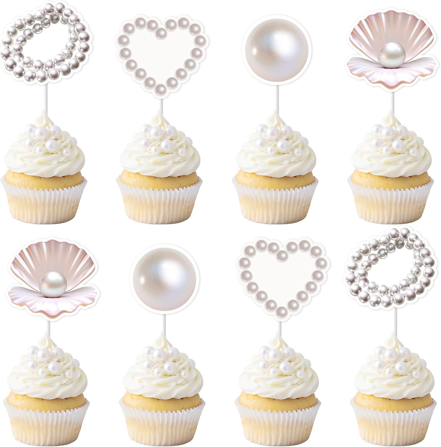 Pearl Seashell Cupcake Toppers 24pcs Sea Shell Themed Party Decorations A Little Pearl Is On The Way Baby Shower Decoration Coastal Seashell Pearls Necklace Under The Sea Mermaid Decors