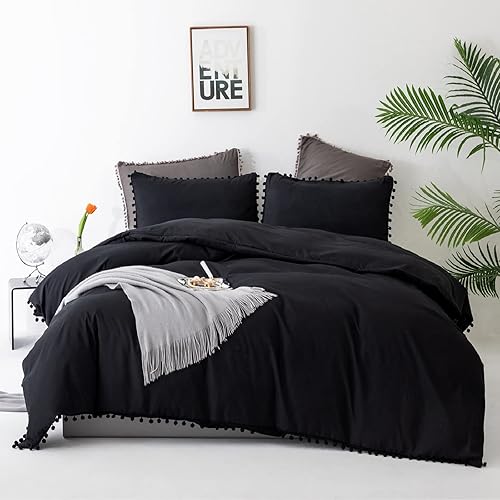 Miniatura 1 de Luxlovery Juego de edredón negro tamaño King con pompones, bohemio, todo negro, juego de ropa de cama con flecos y borlas de granja, edredón suave