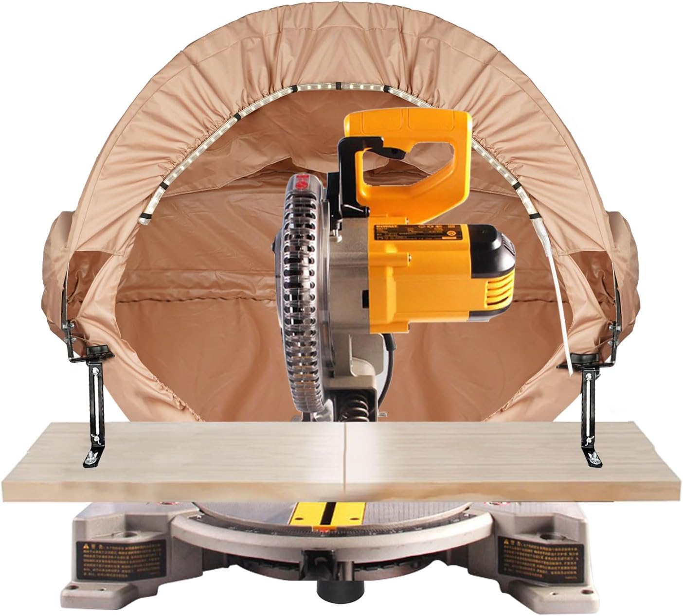 Miter Saw Dust Collection Hood with Light, Dust Solution for Miter Saw Table, Miter Saw Dust Collection Hood Attachment, Accessory Holes, with Storage Bag, Fits All Miter Saws (Khaki)