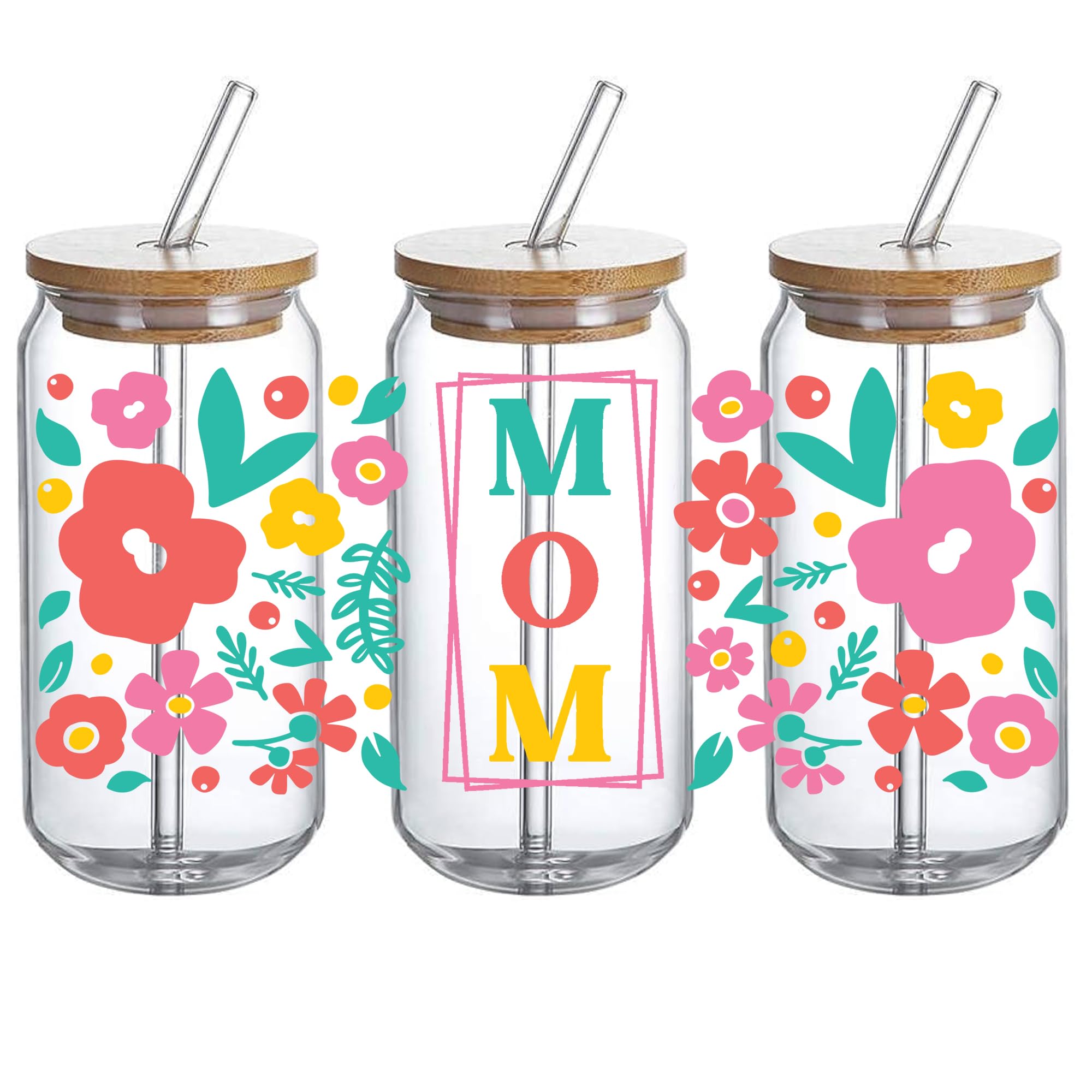 UV DTF Glass Cup Wrap Transfer - Retro Mom Floral Sublimation Design UVDTF can Glass, Waterproof Decal for 16oz Glass Cups, Gifts for Mother Day- 3PCS