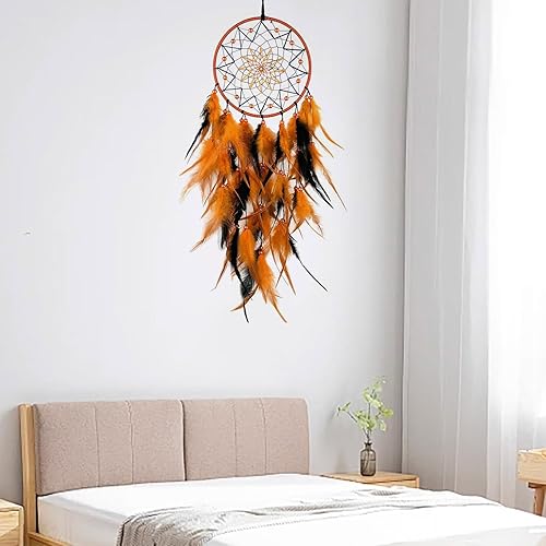 Miniatura 5 de Atrapasueños de plumas negras y naranjas, decoración de pared hecha a mano, atrapasueños, adorno colgante de pared para dormitorio, sala de estar,
