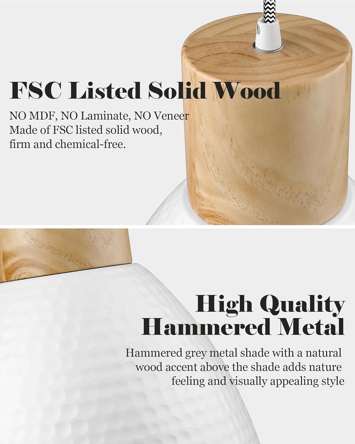 ELYONA Modern Solid Wood Hanging Lamp with Matte White Metal Shade/Gold Inner Finish & Hammered Metal & Rubber Wood Island Hanging Lamp for Dining Room, Bedroom, Living Room, Hallway