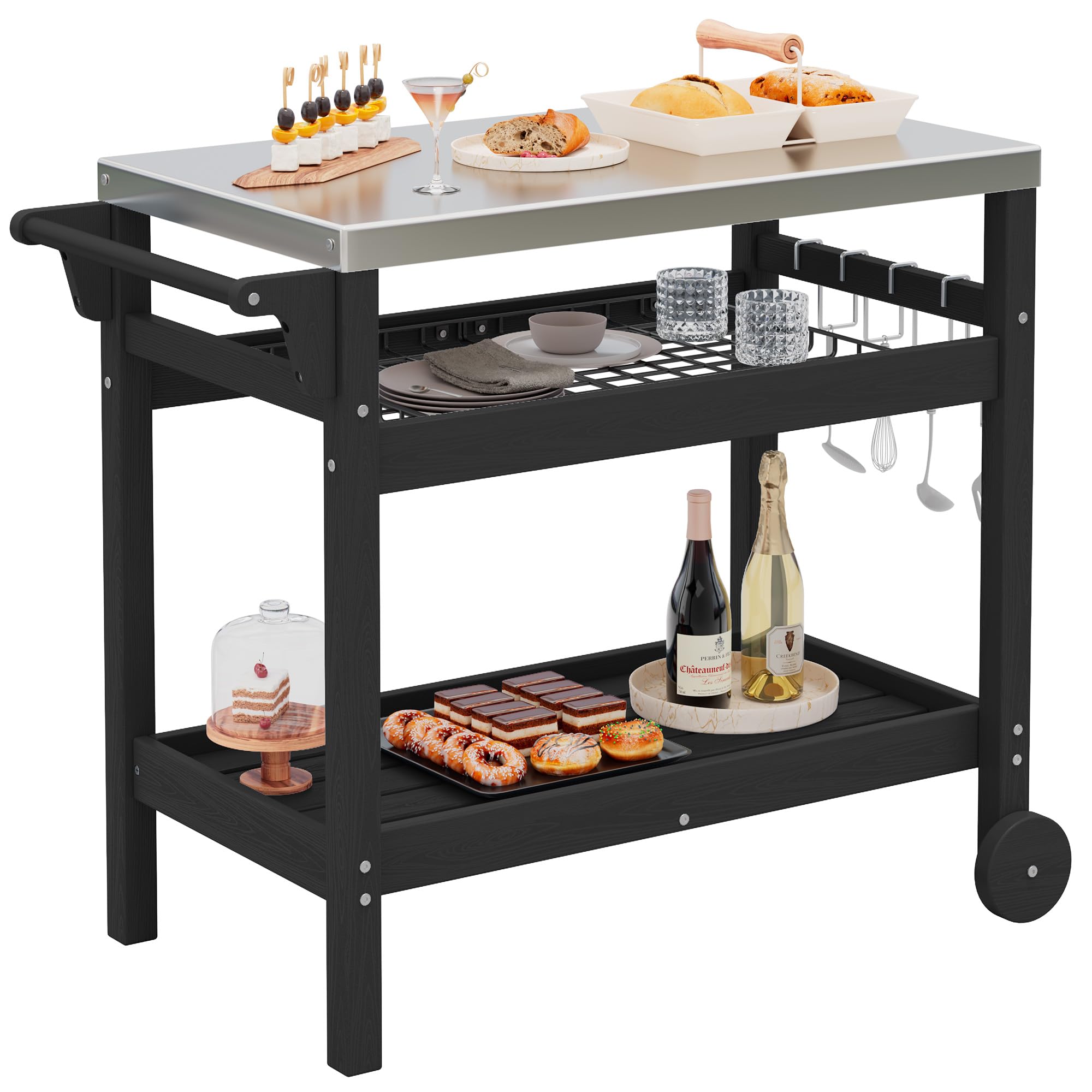SERWALL Outdoor Grill Cart Table with Three Tier Storage Shelves, Movable Prep Cart, Weather-Resistant HDPE Material, Dining Cart Table for Outdoor Cooking, Four Hooks, Black