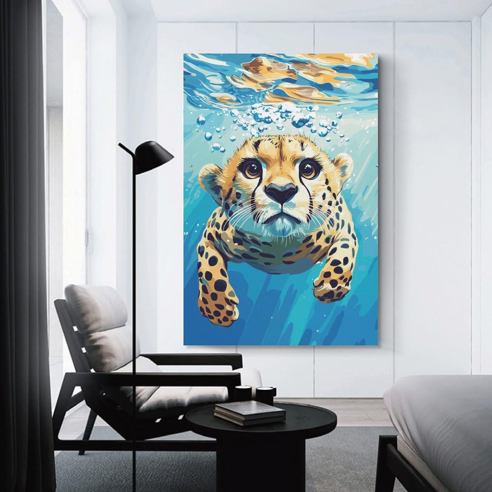 Junmoney Cheetah Cub Swimming Underwater Illustration Canvas Wall Art, 20x30inch(50x75cm), for Workspace Walls, Study Corners Or Bedrooms, An Interior Accent for Desk Areas