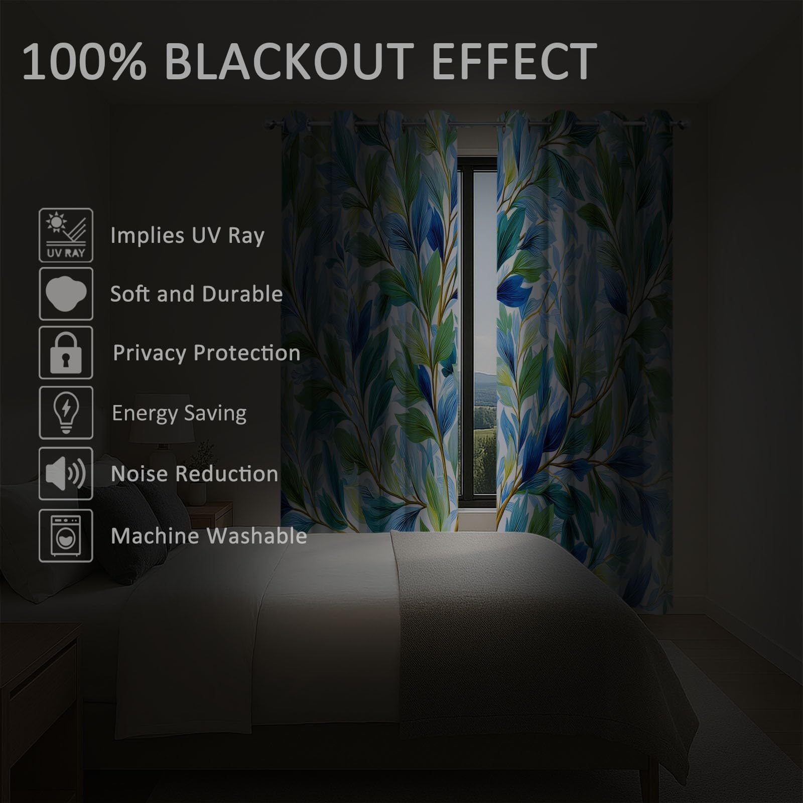 Générique Rideaux Occultants Enfant Rétro Moderne 110 x 215 cm (L x H), Isolation Phonique à Œillets Feuille Saule Imprimé, pour Chambre Garçon (2 Panneaux) Bleu