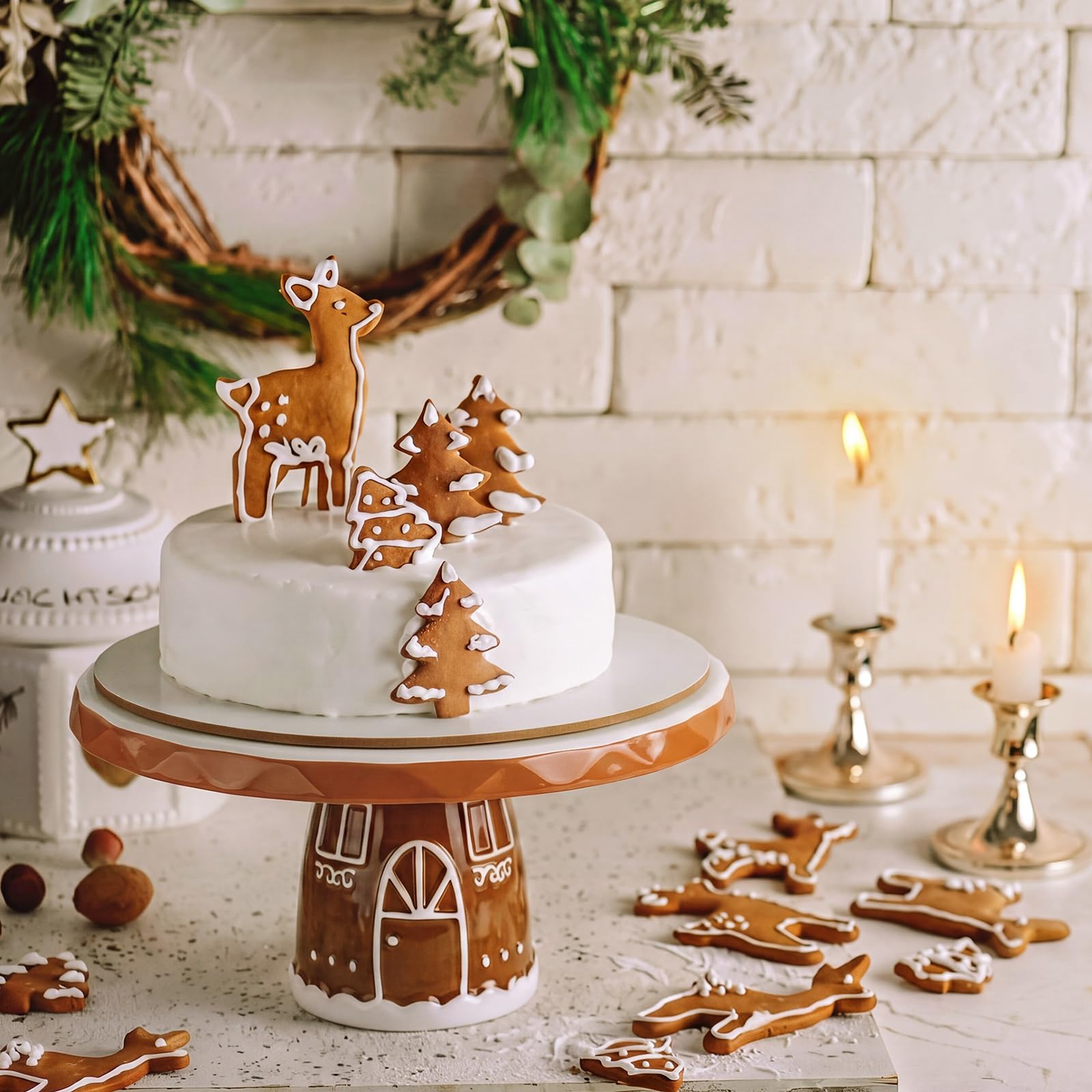 FillTouch Présentoir à gâteau de Noël en forme de maison en pain d'épices de 25,4 cm - Plateau de présentation à dessert en bois pour fête, dessert, fruits, hiver, mariage, anniversaire, décoration de
