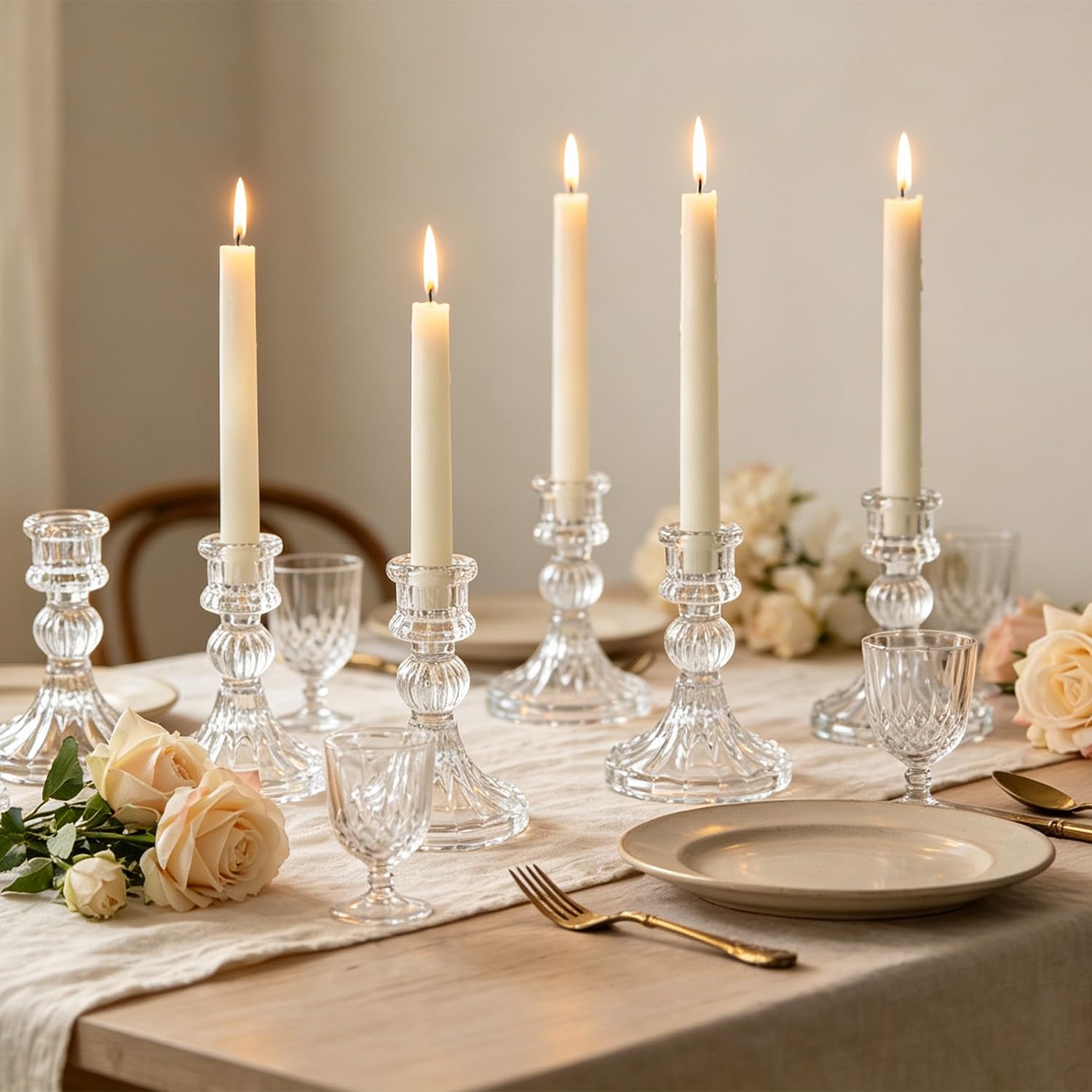 Kerzenhalter Glas, Klare Kerzenhalters für Kerzenständer, 10cm Hohe Gestreifte Kristall-Kerzenhalter, Dekorativer Candle Holder als Tischdekoration für Hochzeiten, Feste, Dinnerpartys, 6 Stück