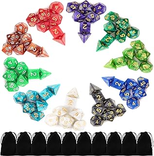 Awpeye 10 X 7 Polyhedral Dice Set (70 Pieces) for Dungeons and Dragons DND RPG MTG Table Games D4 D6 D8 D10 D% D12 D20 with 10 Pack Black Bags, 10 Colors