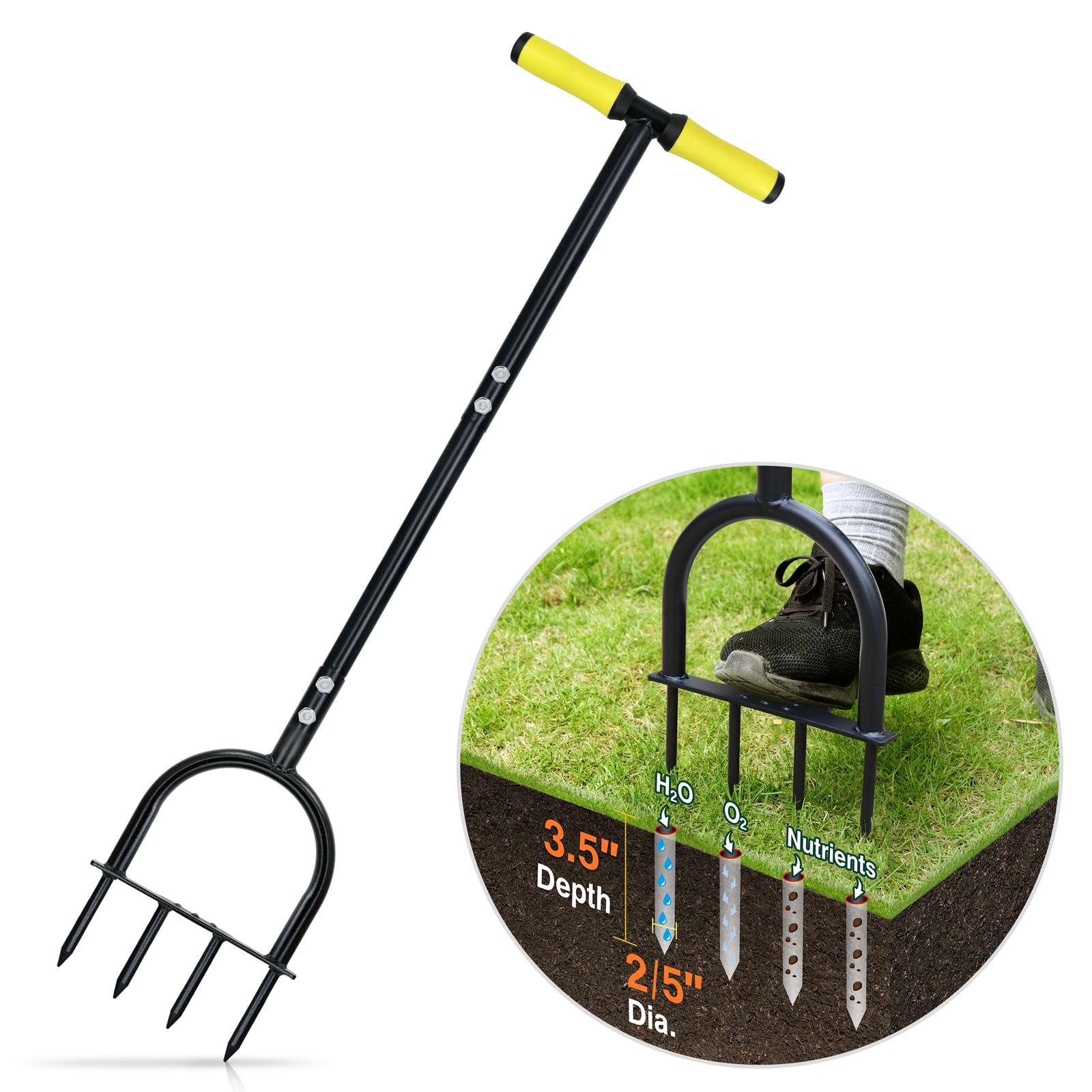 Colwelt Spike Lawn Aerator, Manual Aerator for Compacted Soils and Lawns, Non-Slip T-Handle Spike Aeration with Four 3.5-Inch Solid Steel Spikes, 38-Inch