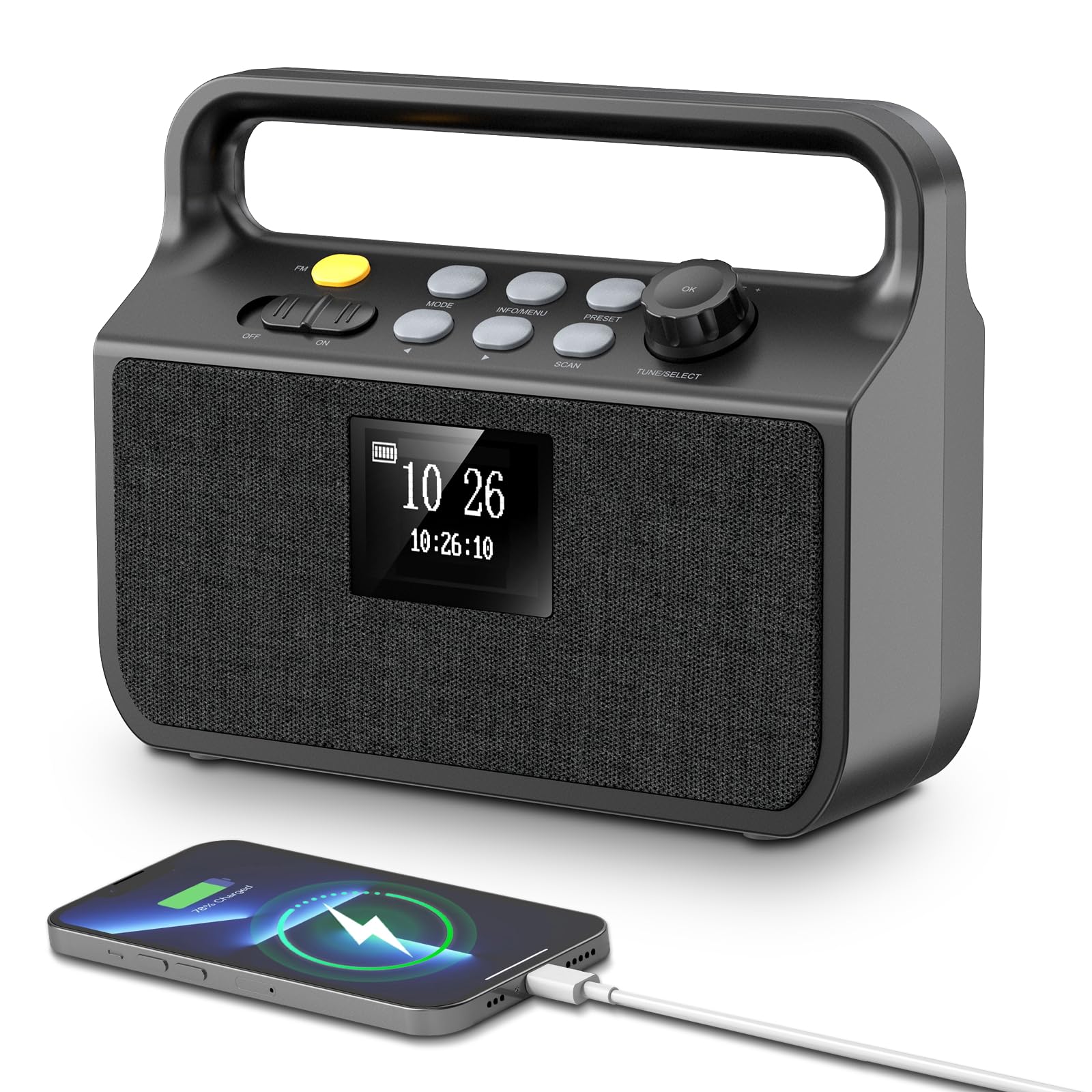 Radio Bluetooth 20000mAh con Función de Carga para Móviles, Dab/FM con Ranura para Tarjeta TF,Entrada AUX, Función de Alarma,Radio Portátil de Emergencia para Camping y Actividades al Aire Libre