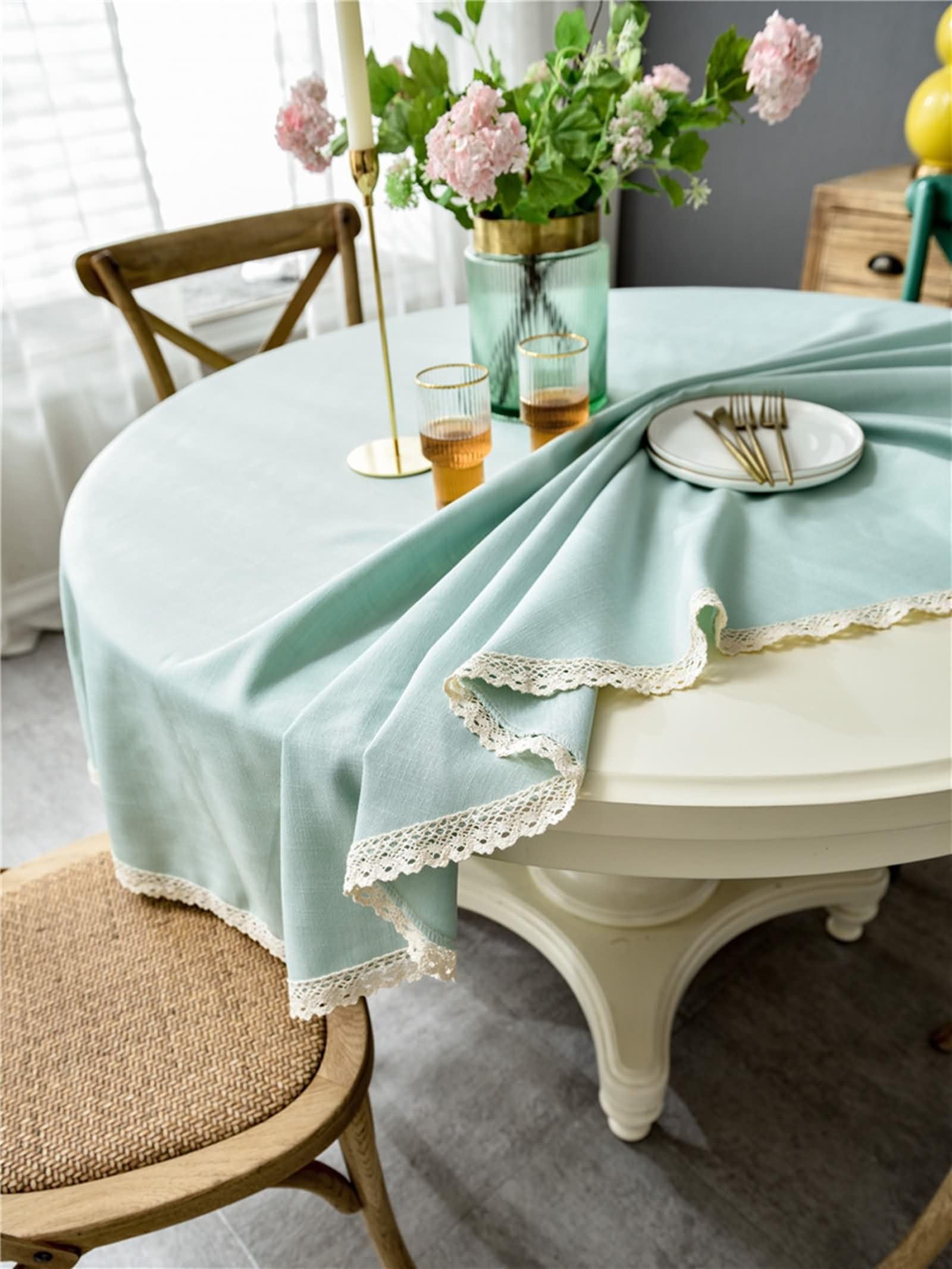 Blau Grün Tischdecke Rund 160 cm, Polyester Einfarbig mit Spitze, Tischdeko Wohnzimmer