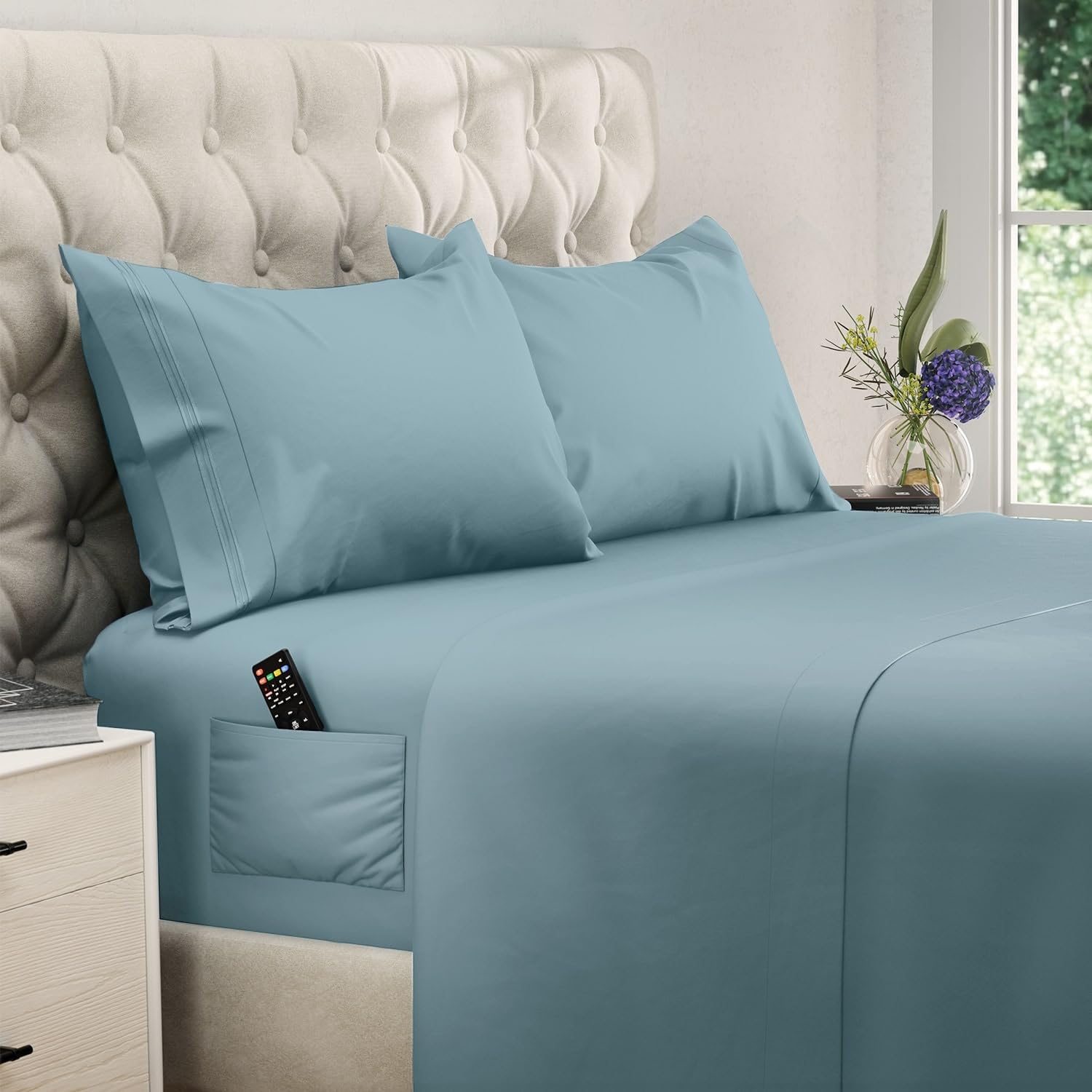 DREAMCARE King Size Sheets Set - Cooling Bed Sheets - 4pcs Set - up to 15" Deep Pocket King Sheet Set – Soft Long Lasting Cooling - 100% Fine Brushed Microfiber with Side Pocket - Mineral Blue