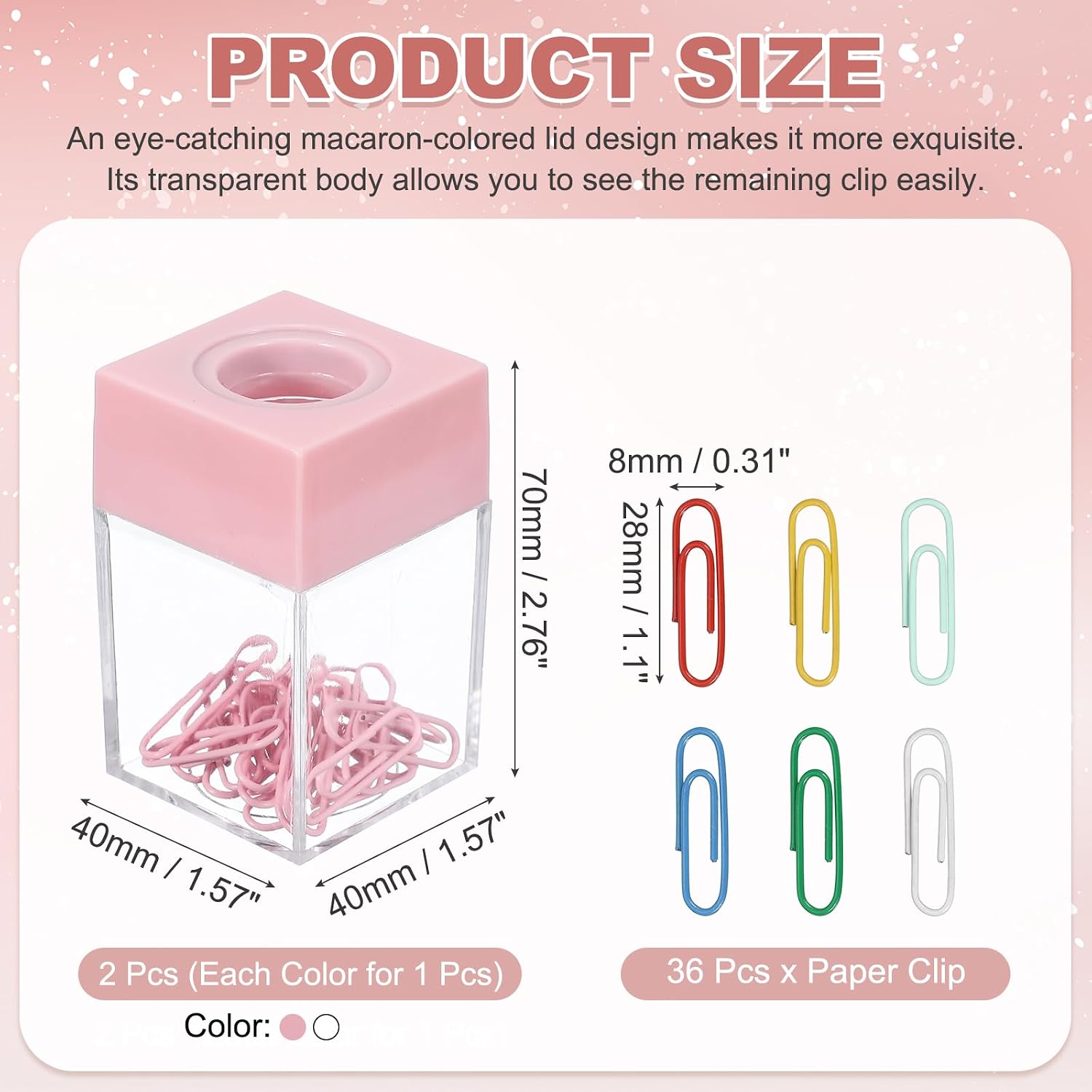 PATIKIL Magnetic Paper Clip Holder Dispenser, 2Pcs Large Capacity Paper Clip Organizers with Magnetic Top for Desk Supplies, Office, Classroom, Home, Pink/White(36Pcs, Multicolor Clip) image 2
