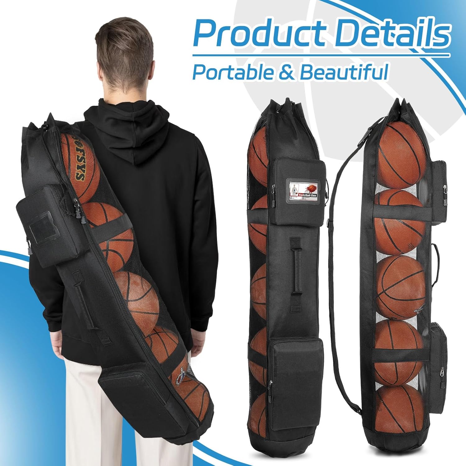 Skureay Basketball Bag for Team Balls, Heavy Duty Basketball Coashes Bag - 5 Basketballs Mesh Bag for Coaching/Basketabll Accessories