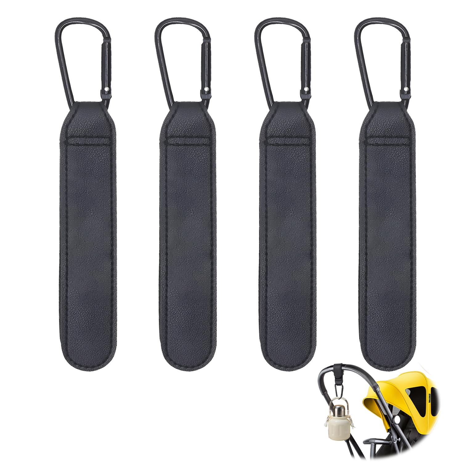 4 Stück Kinderwagen Haken, Kinderwagen Zubehör PU Leder Taschenhalter Taschen Halterung Robuste Universelles Karabinerhaken Buggy Clips Träger für Wickeltasche Taschen Einkaufstasche Rucksack