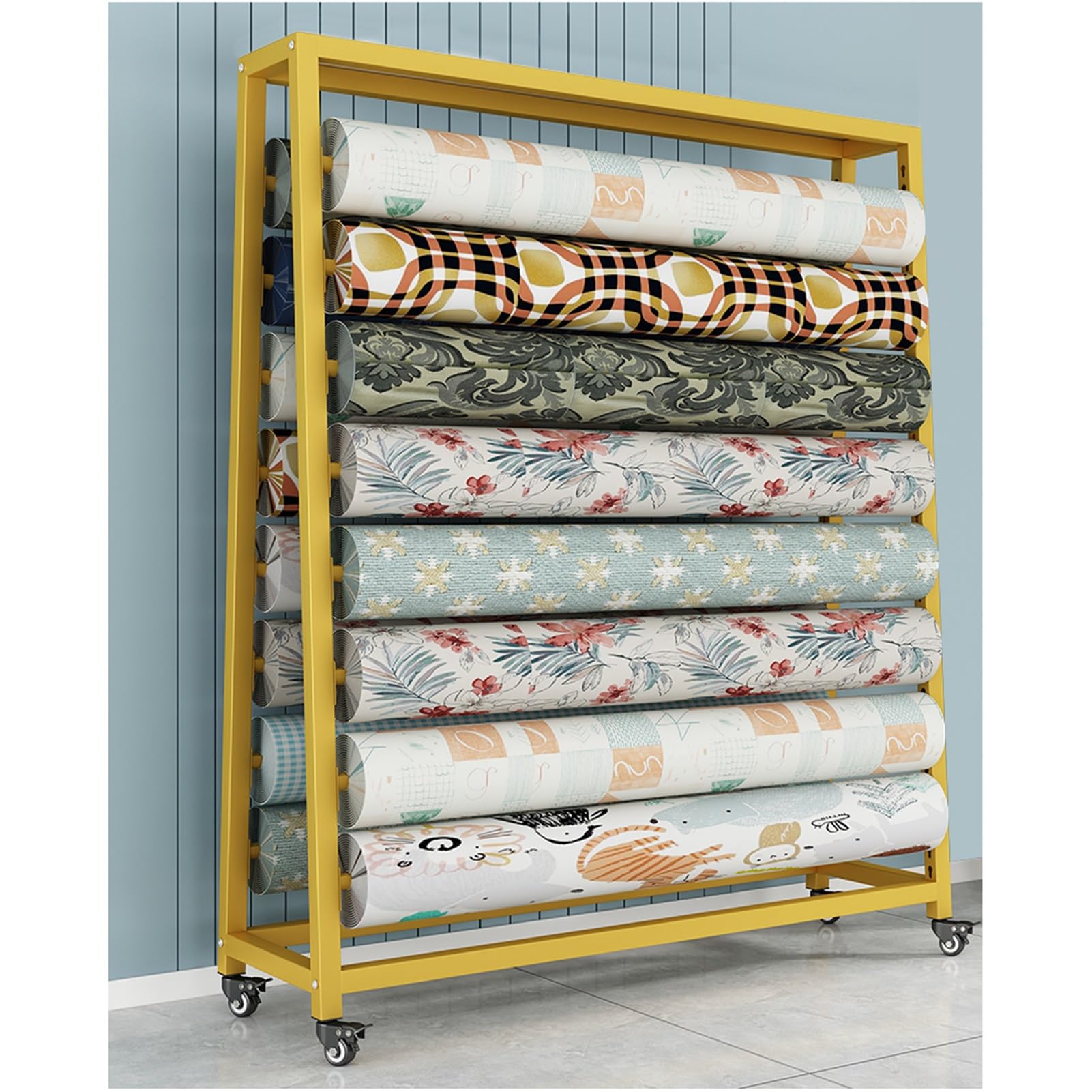 Large Textile Fabric Roll Display Rack Cart with Adjustable Hanging Rod & Brakeable Wheels, Commercial Organizer Holder for Vinyl Rolls/Car Color Change Film/Window Film/Wallpaper(14 rods,170x50x200cm