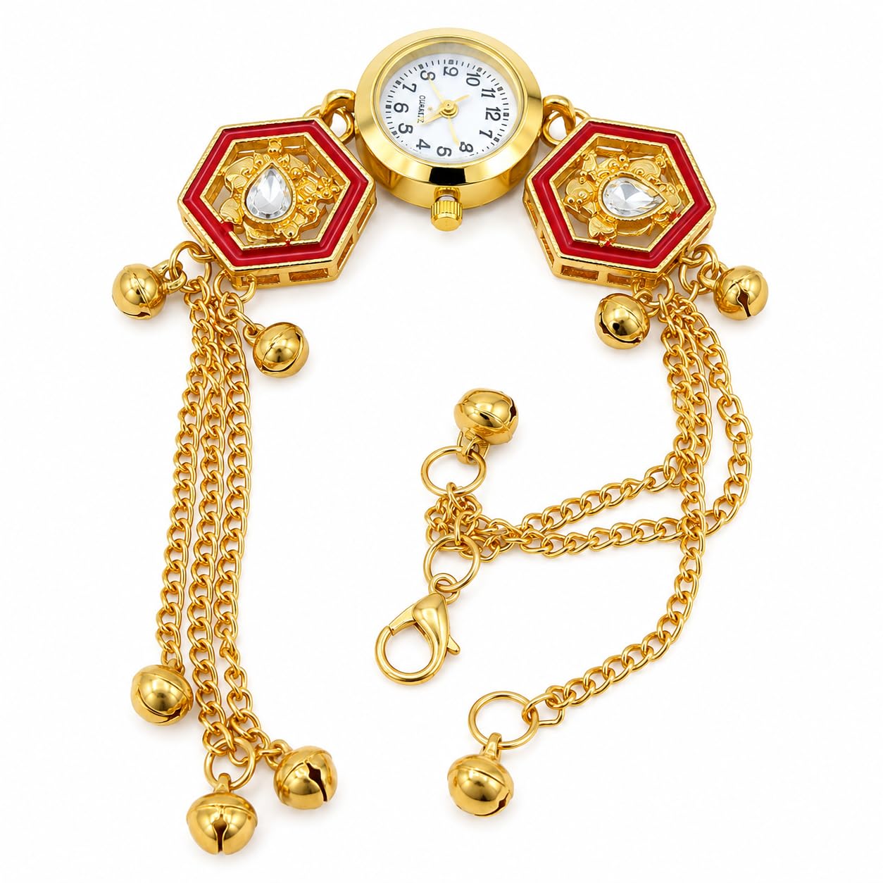 Gold Plated Bracelet Watch for Women with Red Hexagon Charms and Stone Embellishments-image-35
