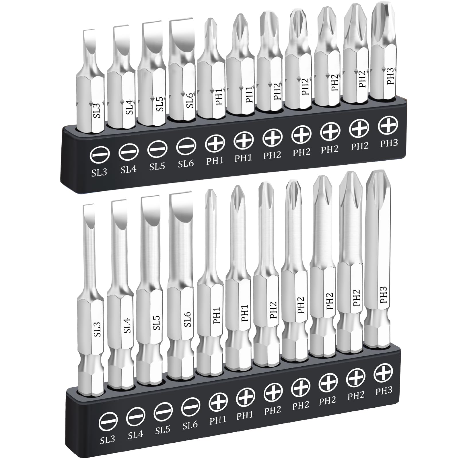 22 Piece Slotted Phillips Screwdriver Bit Set, 1/4 Inch Hex Shank S2 Steel Magnetic 1" and 2" Long Drill Bits