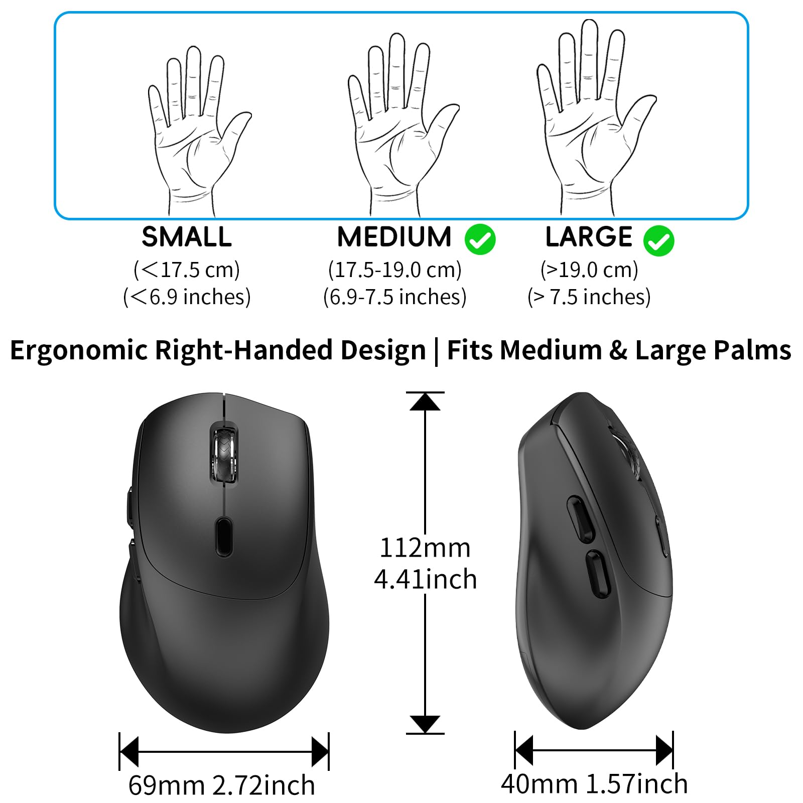 Ratón inalámbrico ergonómico, botones laterales, 2400 DPI, ratón inalámbrico silencioso y antideslizante, 2,4 GHz con receptor USB, 6 botones, apto para laptop, PC, Chromebook y Windows, color negro