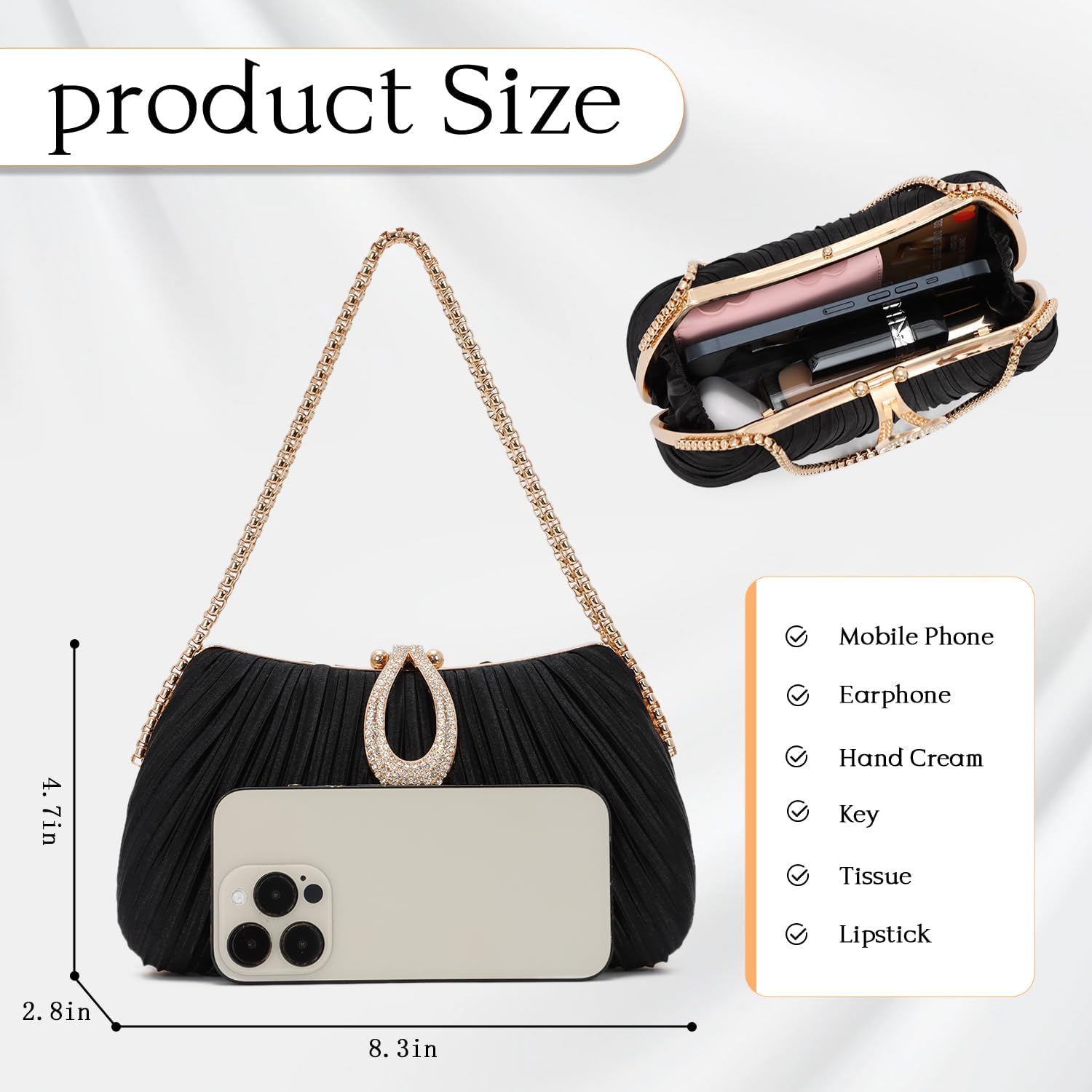 Oweisong Black Clutch Purses for Women Formal Gold Evening Bag Satin Dress Handbag for Wedding Party - Image 4