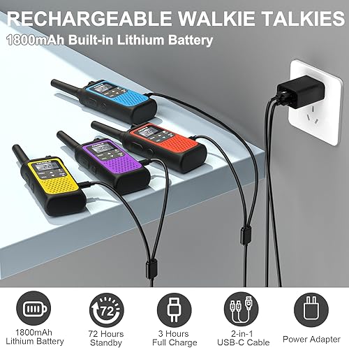 Miniatura 3 de Walkie Talkies recargables de largo alcance, paquete de 4 walkie talkies para adultos, alerta meteorológica NOAA, radio de 2 vías 22 canales FRS con